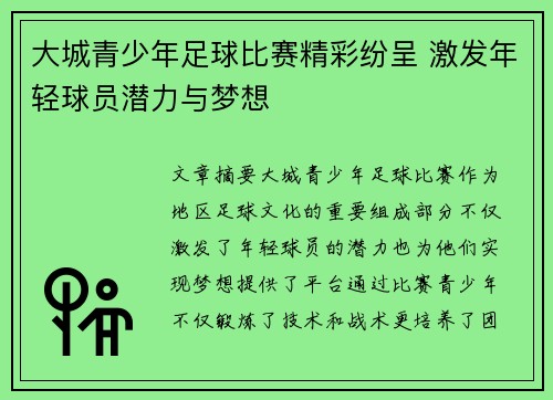 大城青少年足球比赛精彩纷呈 激发年轻球员潜力与梦想