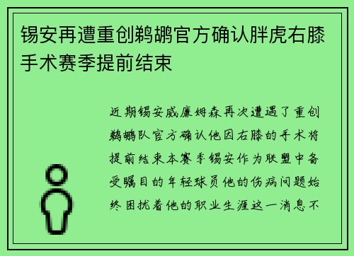 锡安再遭重创鹈鹕官方确认胖虎右膝手术赛季提前结束
